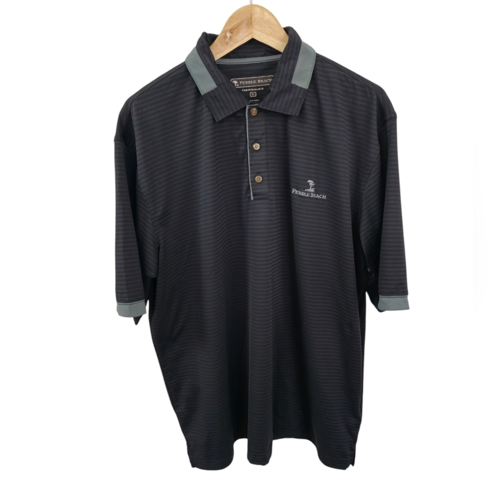 Pebble Beach Performance Golf Polo Shirt Black Gray Stripes Embroidered Size L